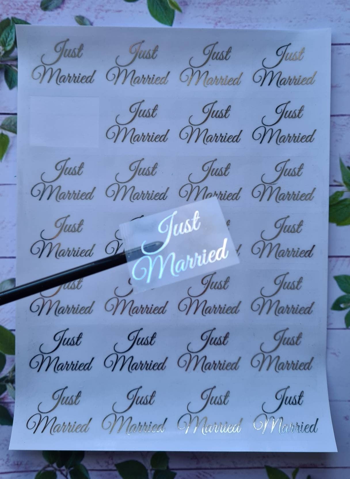 Transparent metallic just married stickers, foil stickers, see through, translucent stickers, clear stickers, wedding favours,