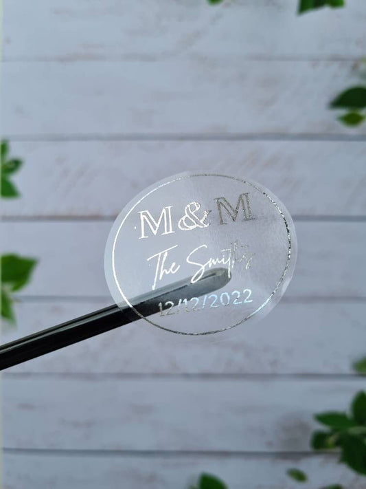 Transparent metallic wedding stickers, foil stickers, see through, translucent stickers, clear stickers, wedding favours, wedding invites