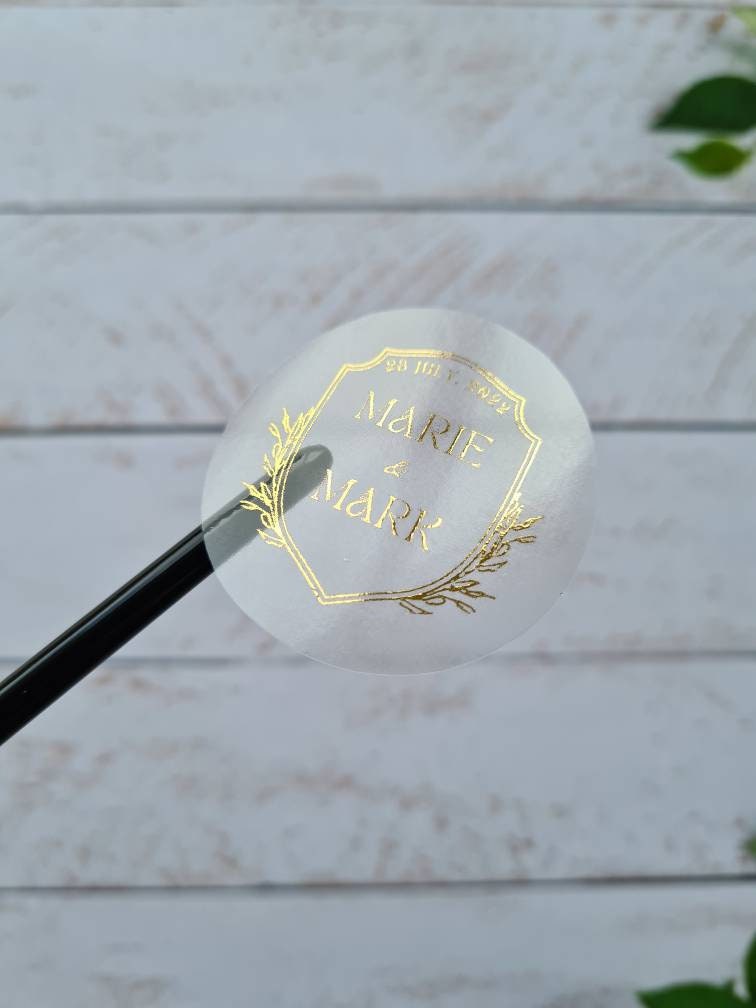 Transparent metallic wedding stickers, foil stickers, see through, translucent stickers, clear stickers, wedding favours, wedding invites